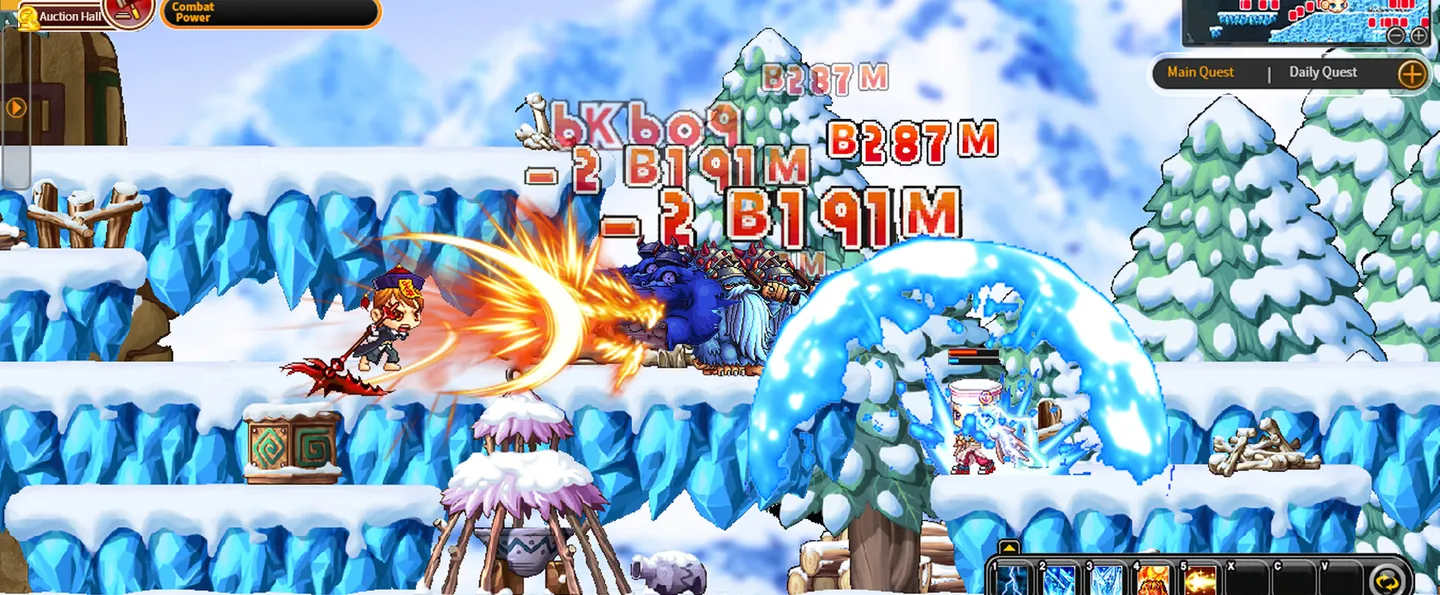 Combate 2D em WonderKing: personagem atacando inimigos com habilidades em uma área nevada