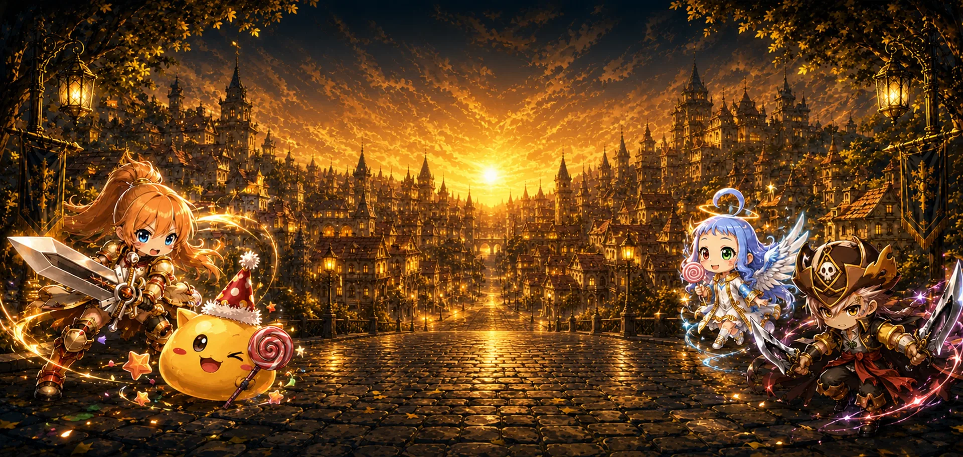 Heróis de WonderKing e seu companheiro em uma cidade iluminada pelo pôr do sol